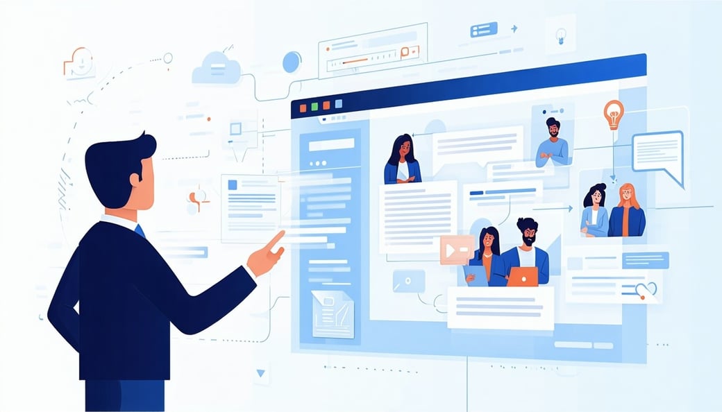 AccountBased Experience ABX strategy illustration depicting a sales manager observing potential clients engaging with content like whitepapers and webinars with a focus on personalized customer experience