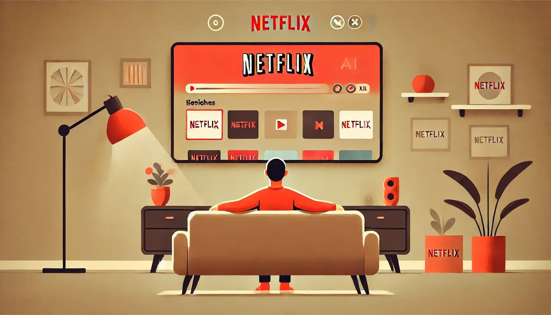 DALL·E 2024-10-02 10.21.06 - A simple scene depicting how Netflix uses AI for a personalized user experience. The image features a person sitting comfortably on a couch that is tu